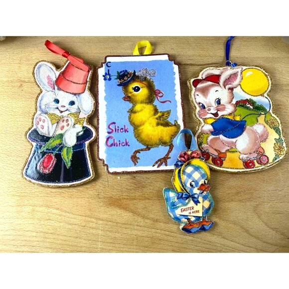Vintage Easter Glittered Ornaments - Bunny Chick & Duck Set Retro Style Decorati - Picture 1 of 6